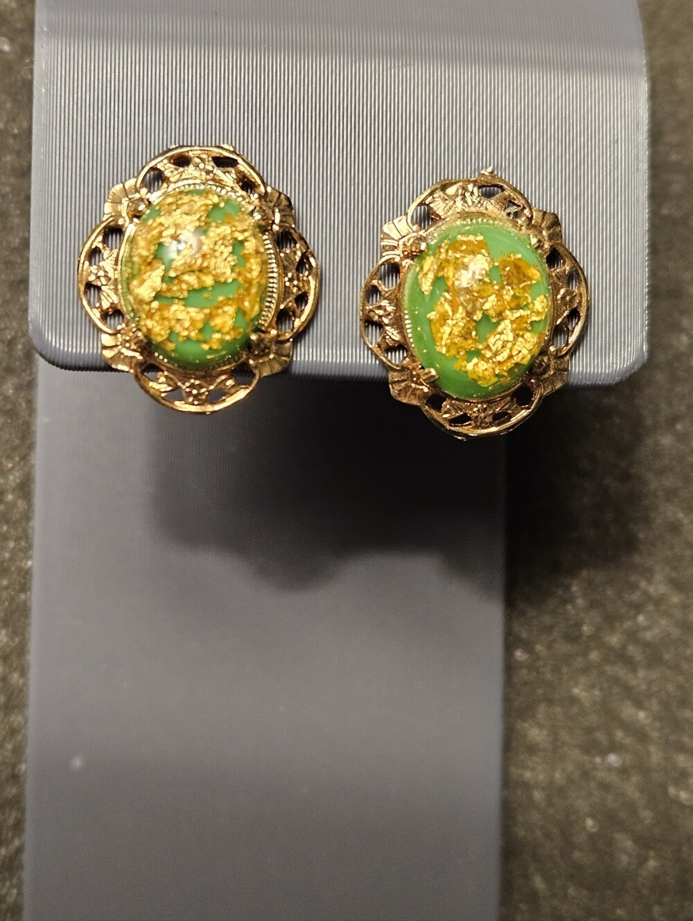 Vintage Gold Filigree Green Resin and Gold Flake Earrings